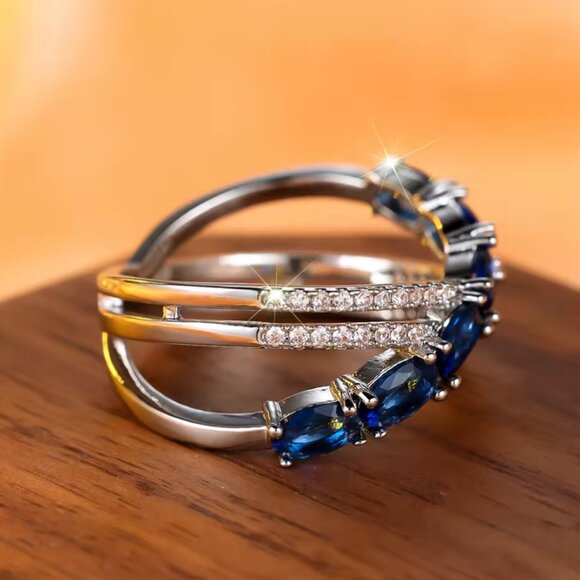 NEW 14K White Gold Sapphire Diamond Ring Band - Picture 3 of 4